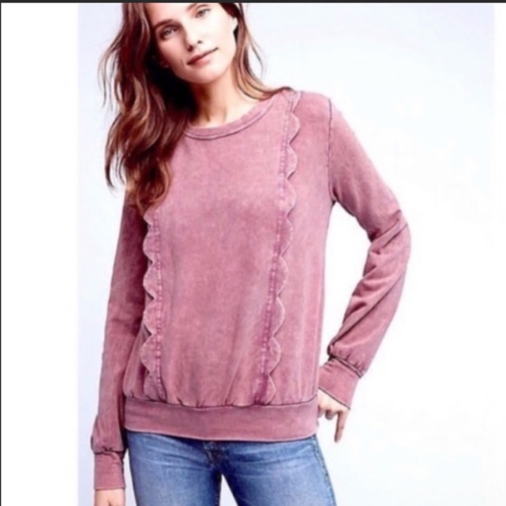 eri + ali | Anthropologie Weckerlie Acid Wash Scalloped Ruffle Crew Neck